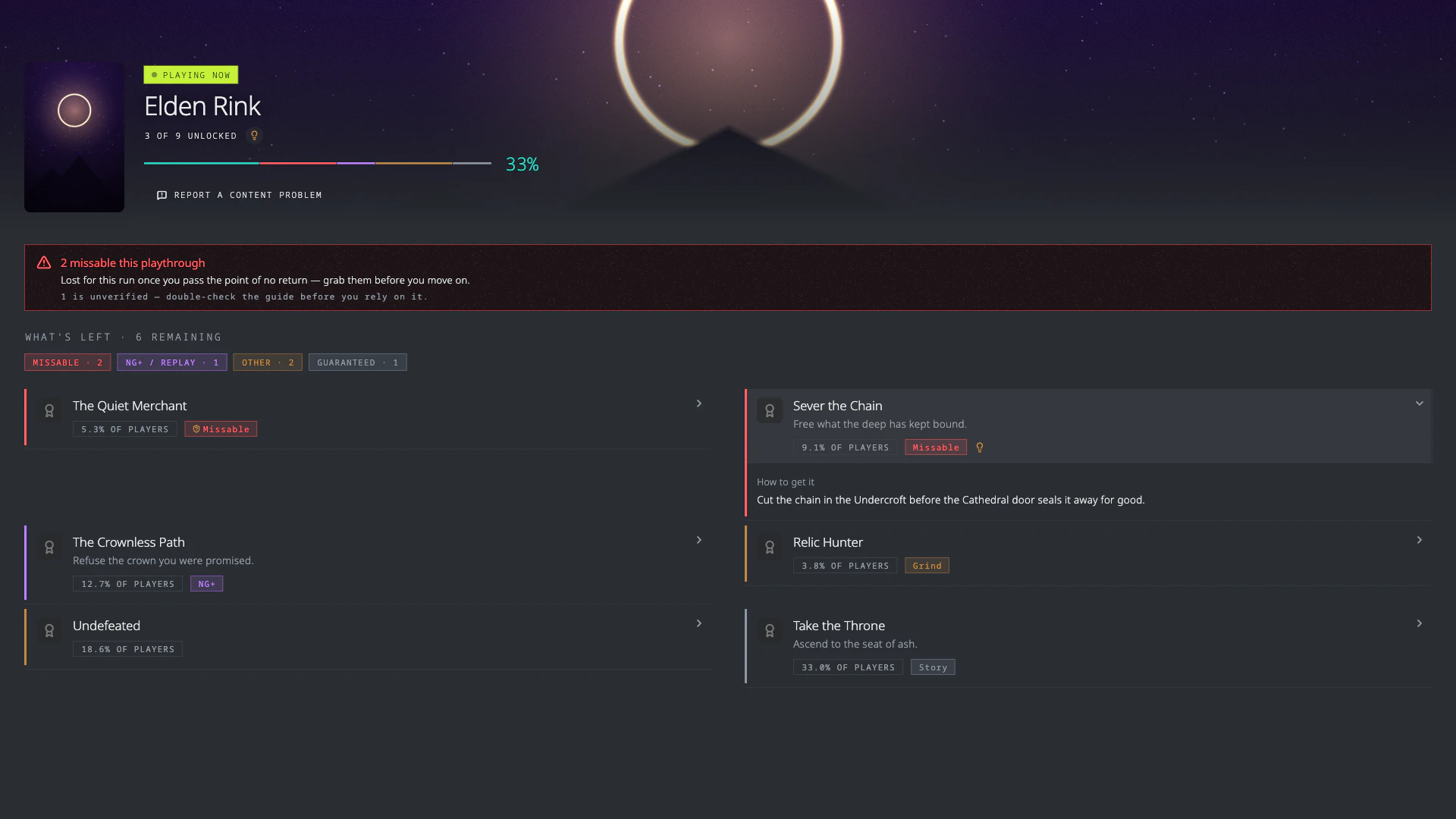 Platbound roadmap view with a missable warning pinned to the top